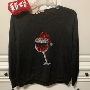 Philosophy NWT ladies S very soft black sweatshirt with Santa hat,glass,socks